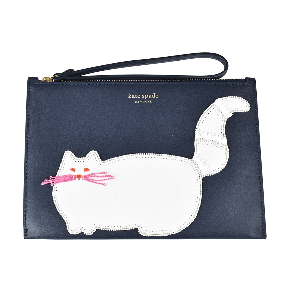 Kate Spade SmallWristlet金字LOGO貓咪設計牛皮拉鍊手拿包(深藍)