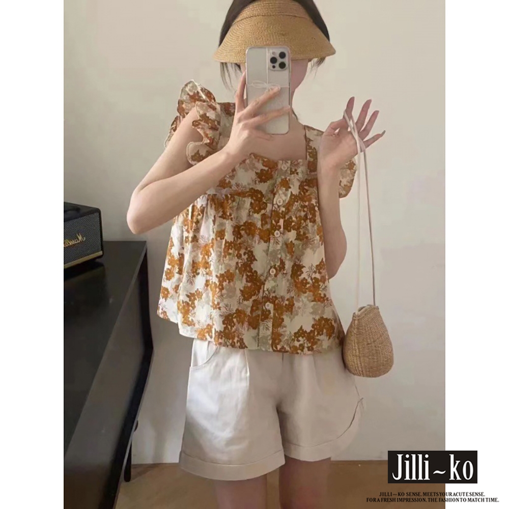 JILLI-KO 法式設計感甜美碎花小飛袖娃娃衫- 咖啡