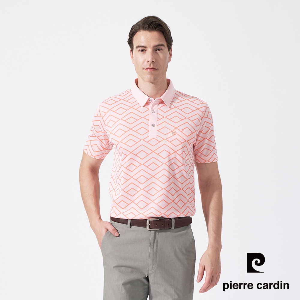 Pierre Cardin皮爾卡登 男款 緹花短袖襯衫領polo衫-粉橘色(5247201-65)