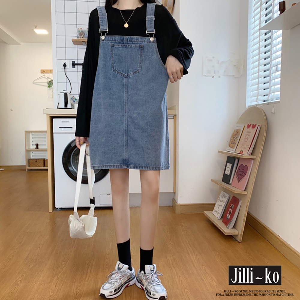 JILLI-KO 大口袋簡約設計可調牛仔背帶裙- 藍色