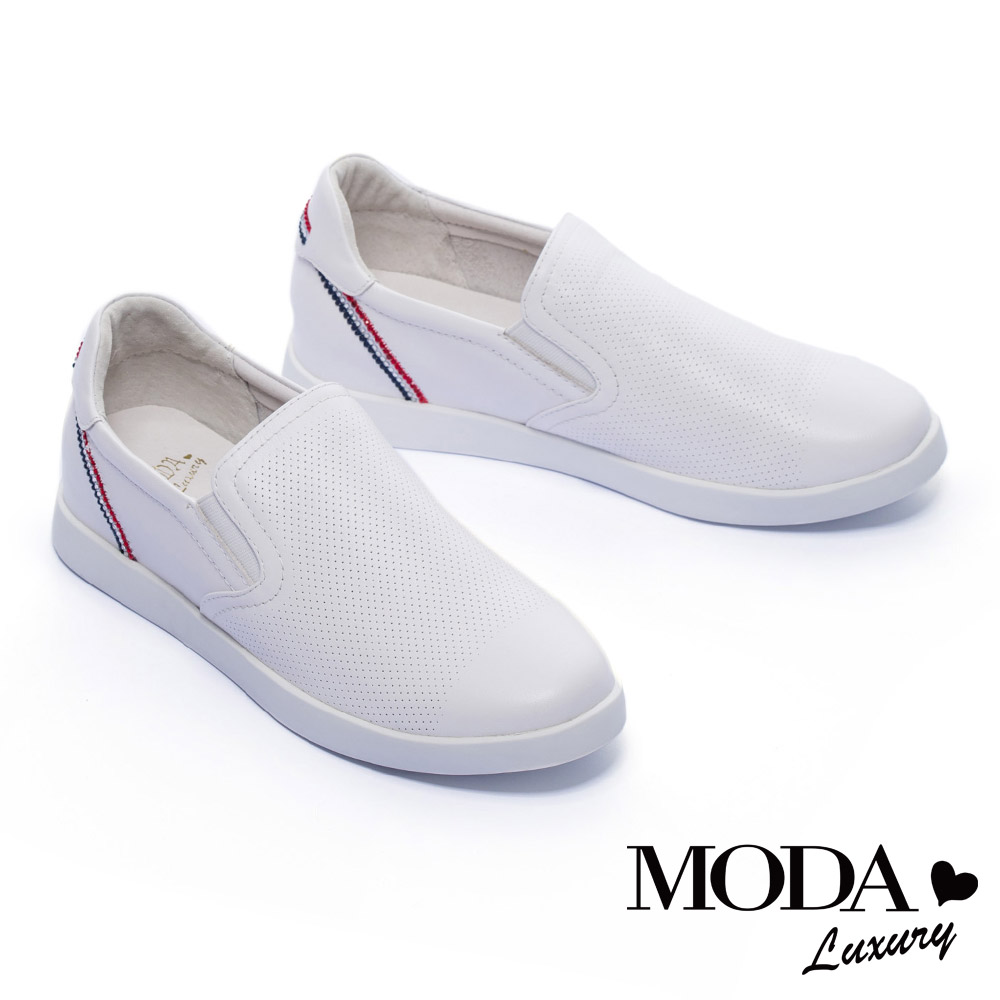 休閒鞋 MODA Luxury 經典魅力沖孔撞色奢華點綴全真皮休閒鞋－白