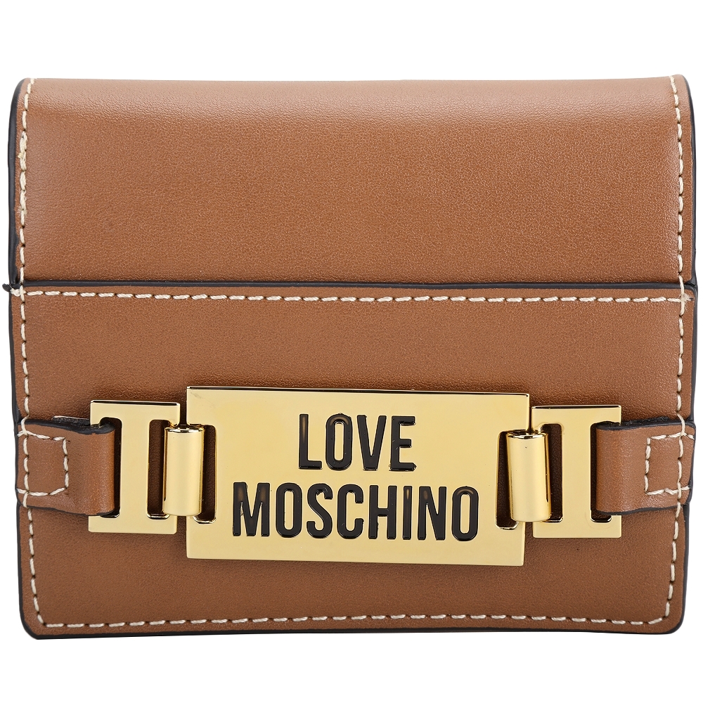 LOVE MOSCHINO 金牌字母標誌明線對折短夾(棕色)