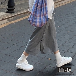 JILLI-KO 春夏韓版簡約純色休閒中長款A字裙- 黑/灰