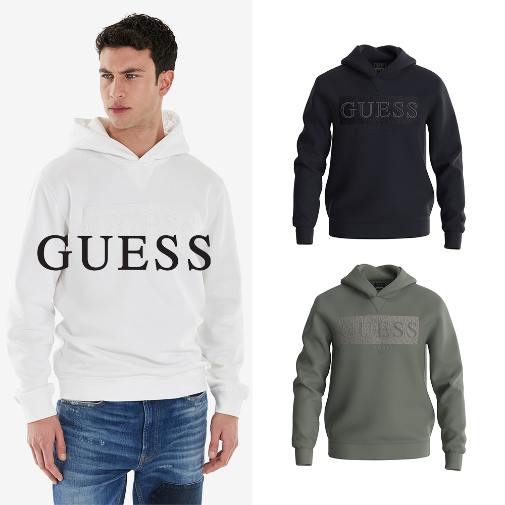 【GUESS】經典LOGO素面長袖帽T(兩色可選)