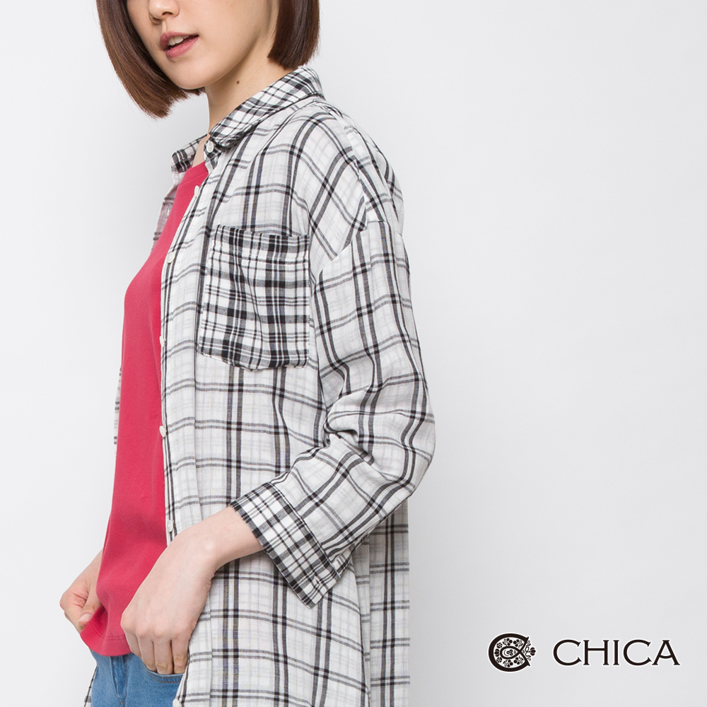 CHICA 自在方程式口袋格紋拼接長版襯衫(3色)