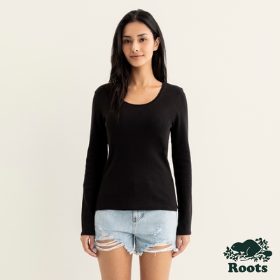 Roots女裝-率性生活系列 有機棉長袖圓領上衣-黑色