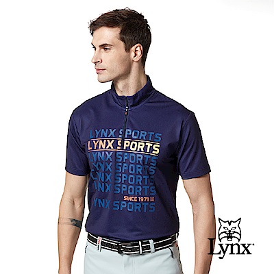 【Lynx Golf】男款吸濕排汗Lynx Golf合身版抗UV網眼布料造型拉片短袖立領POLO衫-深藍色