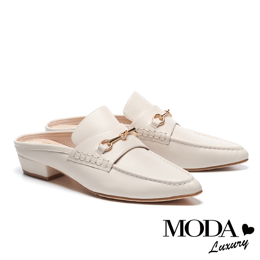 拖鞋 MODA Luxury 復古時尚馬銜釦穆勒尖頭低跟拖鞋－白