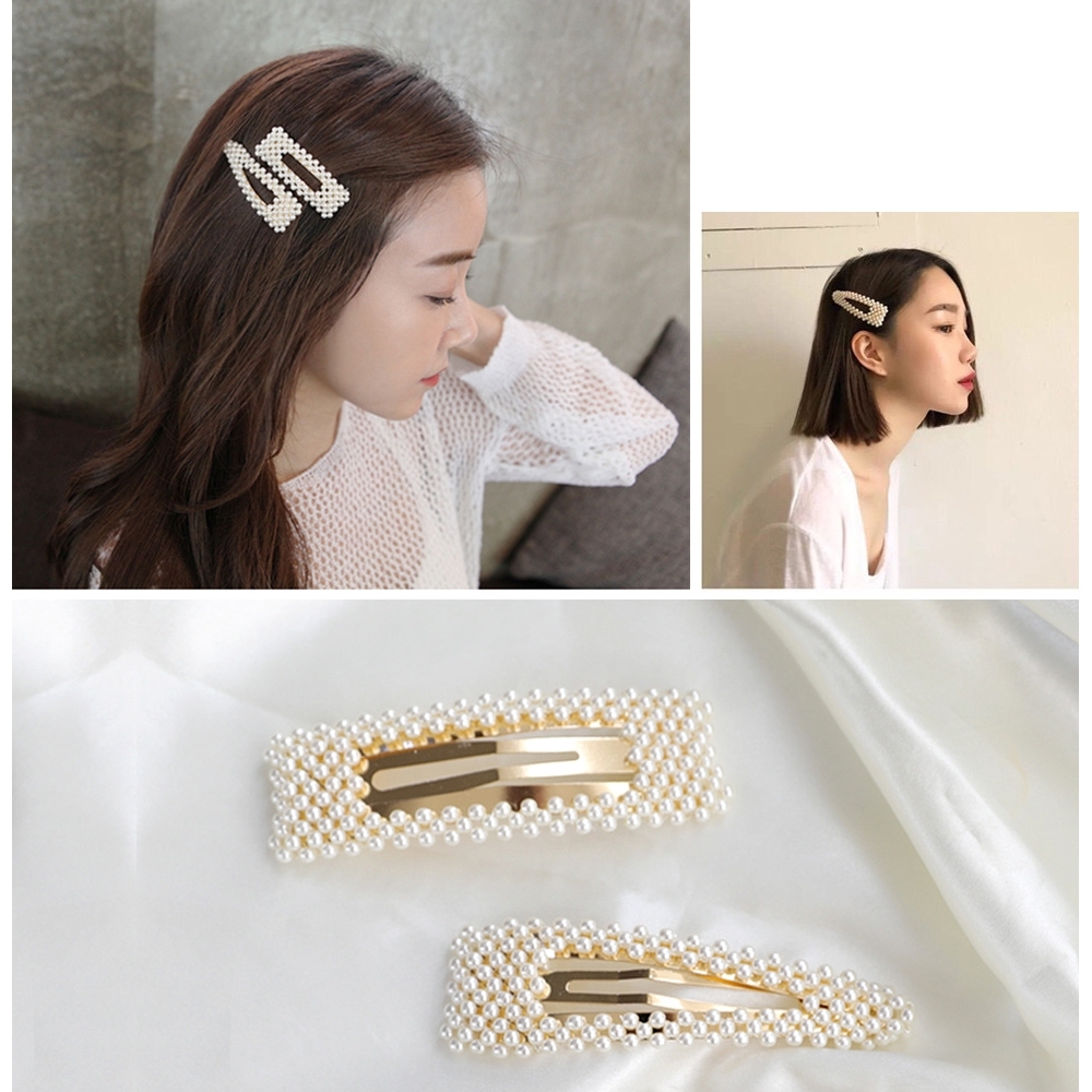 kiret 韓國氣質感手工珍珠鏤空髮夾三角水滴+方形 超值2入(贈珍珠一字夾)