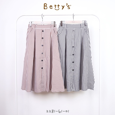 betty’s專櫃款　腰鬆緊格子壓褶排釦長裙(咖啡色)