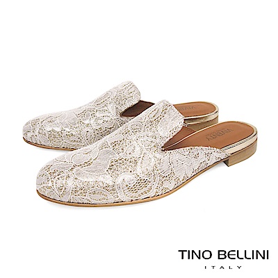 Tino Bellini 義大利進口歐式蕾絲提花平底穆勒鞋 _ 淺金