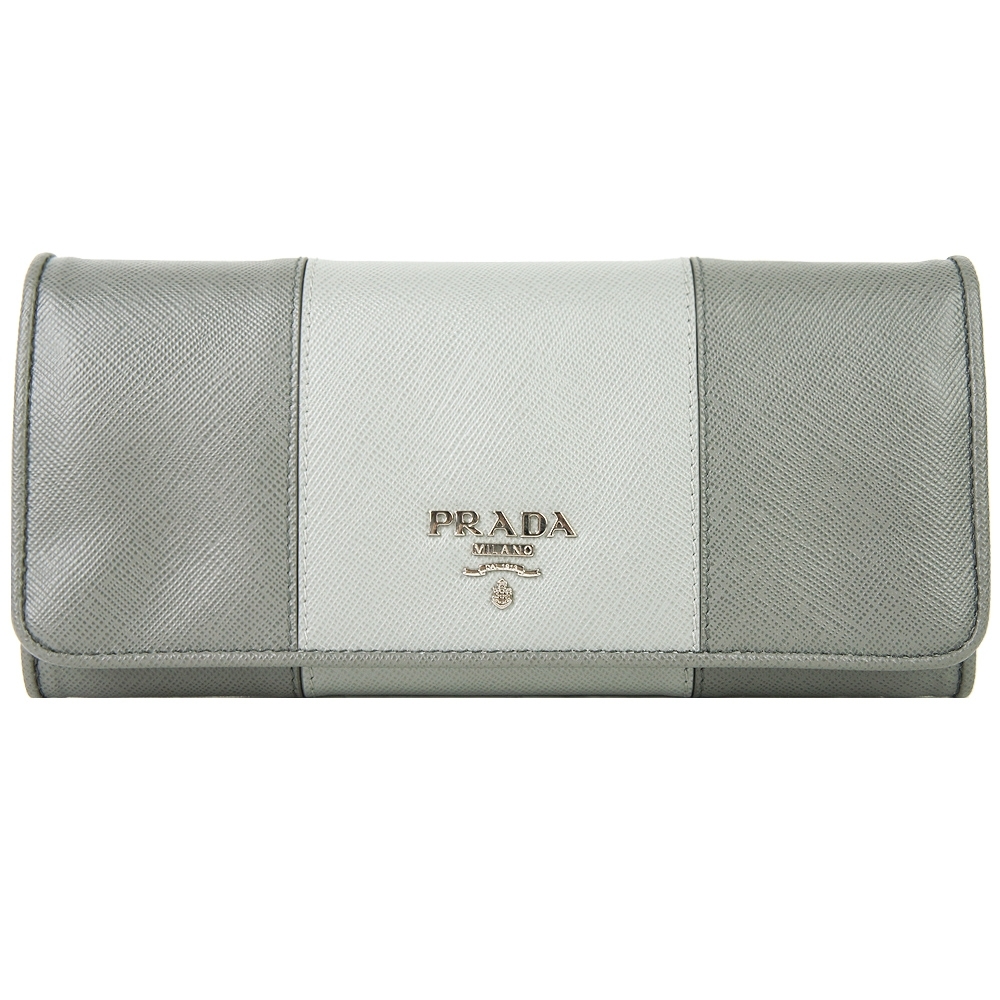 PRADA SAFFIANO COLOUR撞色防刮牛皮雙釦長夾(深灰x淺灰)