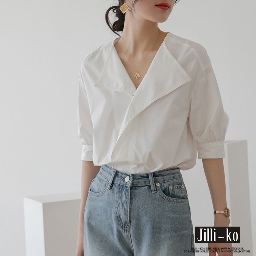 JILLI-KO 法式復古冷淡風時尚設計感寬鬆短袖襯衫- 白色