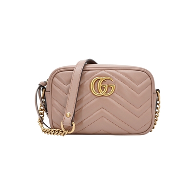 二手品 Gucci GG Marmont 牛皮山形紋肩背包-Mini(448065-裸色)