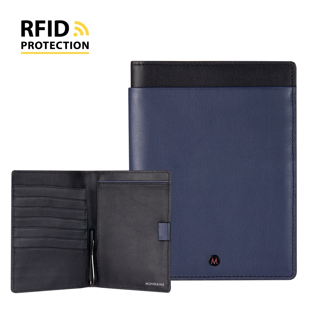 MONDAINE 瑞士國鐵 蘇黎世系列RFID防盜 6卡雙本護照夾 - 藍