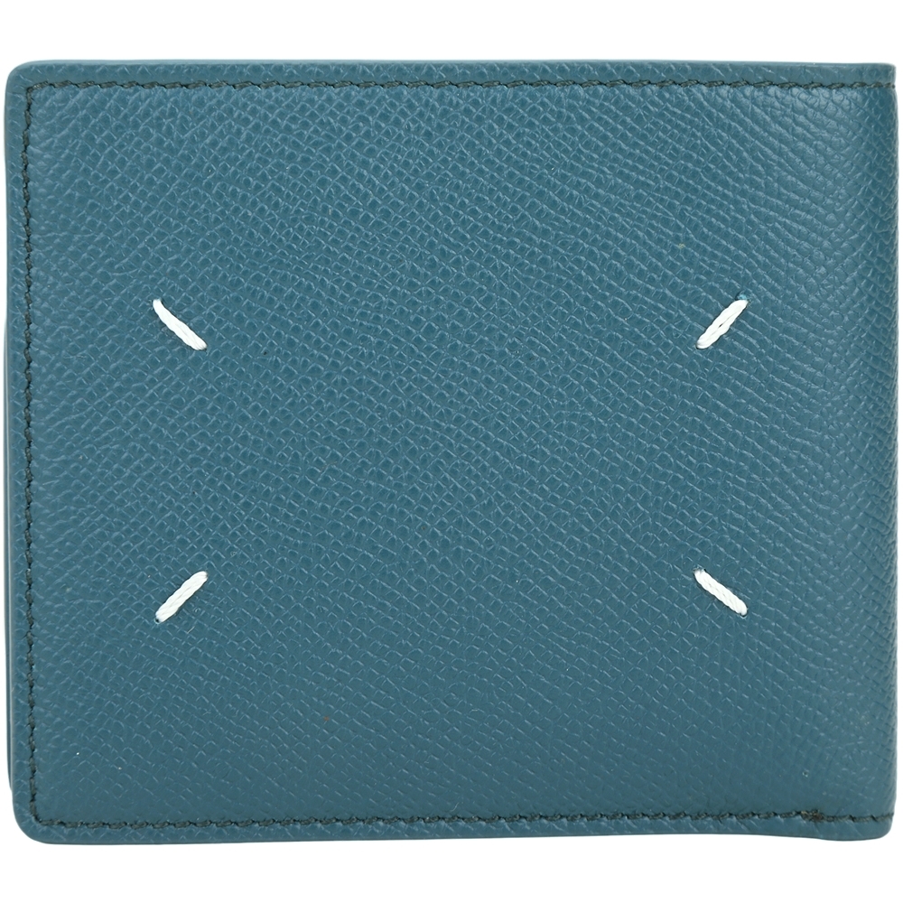 Maison Margiela 四針縫線粒面牛皮拼內滑皮8卡短夾(藍綠色)