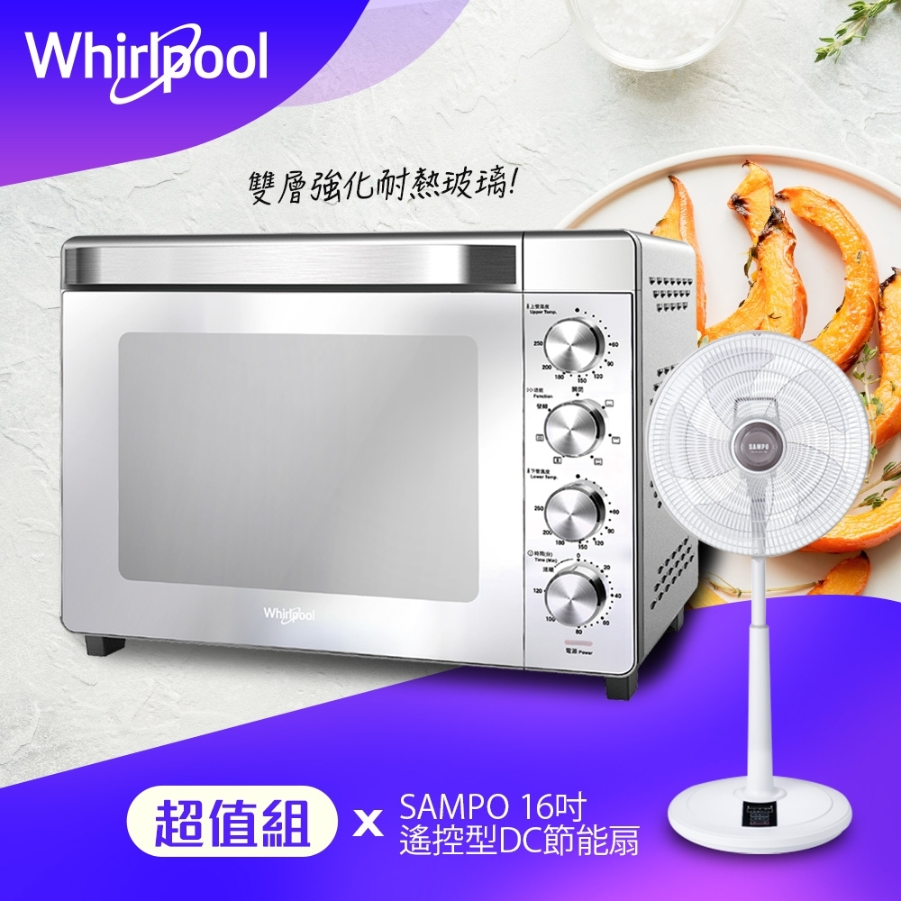 【超值組】Whirlpool惠而浦 32公升不鏽鋼機械式烤箱 WTOM321S加 SAMPO  16吋遙控型DC節能扇