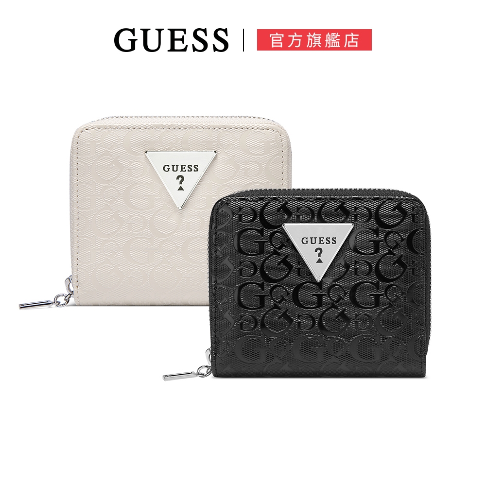 【GUESS】素色滿版LOGO拉鍊短夾-兩色可選