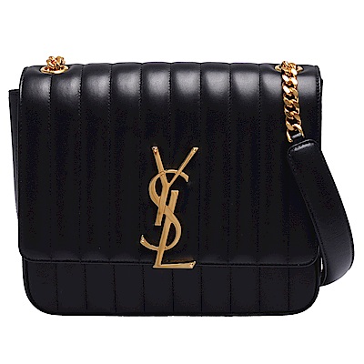 YSL VICKY系列品牌金屬LOGO絎縫小羊皮肩背/斜背包(黑)