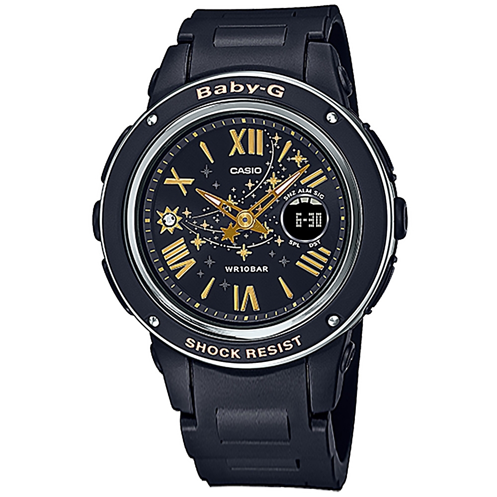 Baby-G CASIO 卡西歐 施華洛世奇水晶 雙顯 世界時間 防水手錶-黑色/43mm