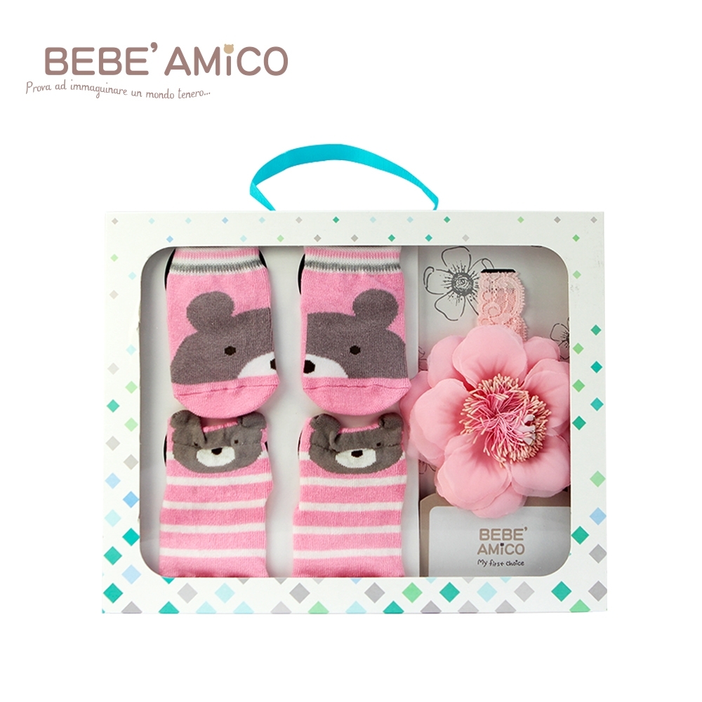 BEBE AMiCO-童話襪+髮帶禮盒-甜心粉(超值彌月禮盒三件組)