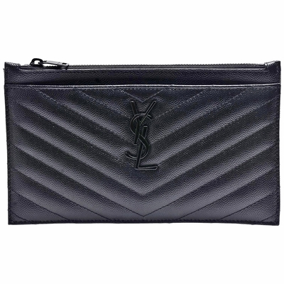 YSL MONOGRAM系列V字縫線小牛皮同色金屬LOGO拉鍊手拿包/長夾(黑色)