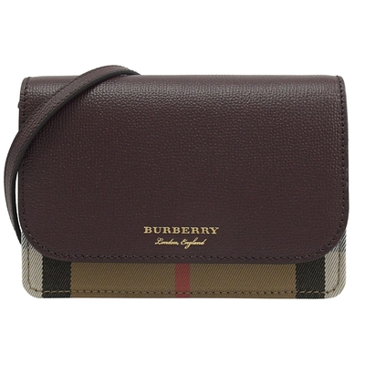 burberry hampshire 燙金品牌logo經典格紋棉麻牛皮翻蓋斜背包(酒紅)