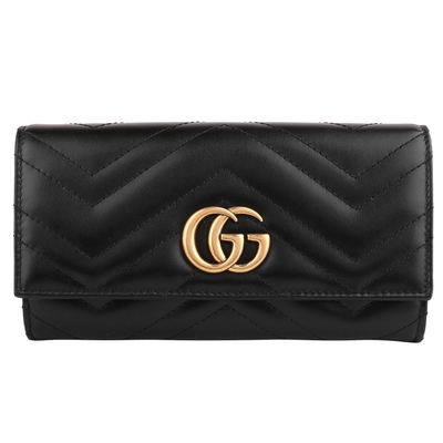 GUCCI Marmont 皮革仿舊G金屬LOGO 扣式長夾(黑)