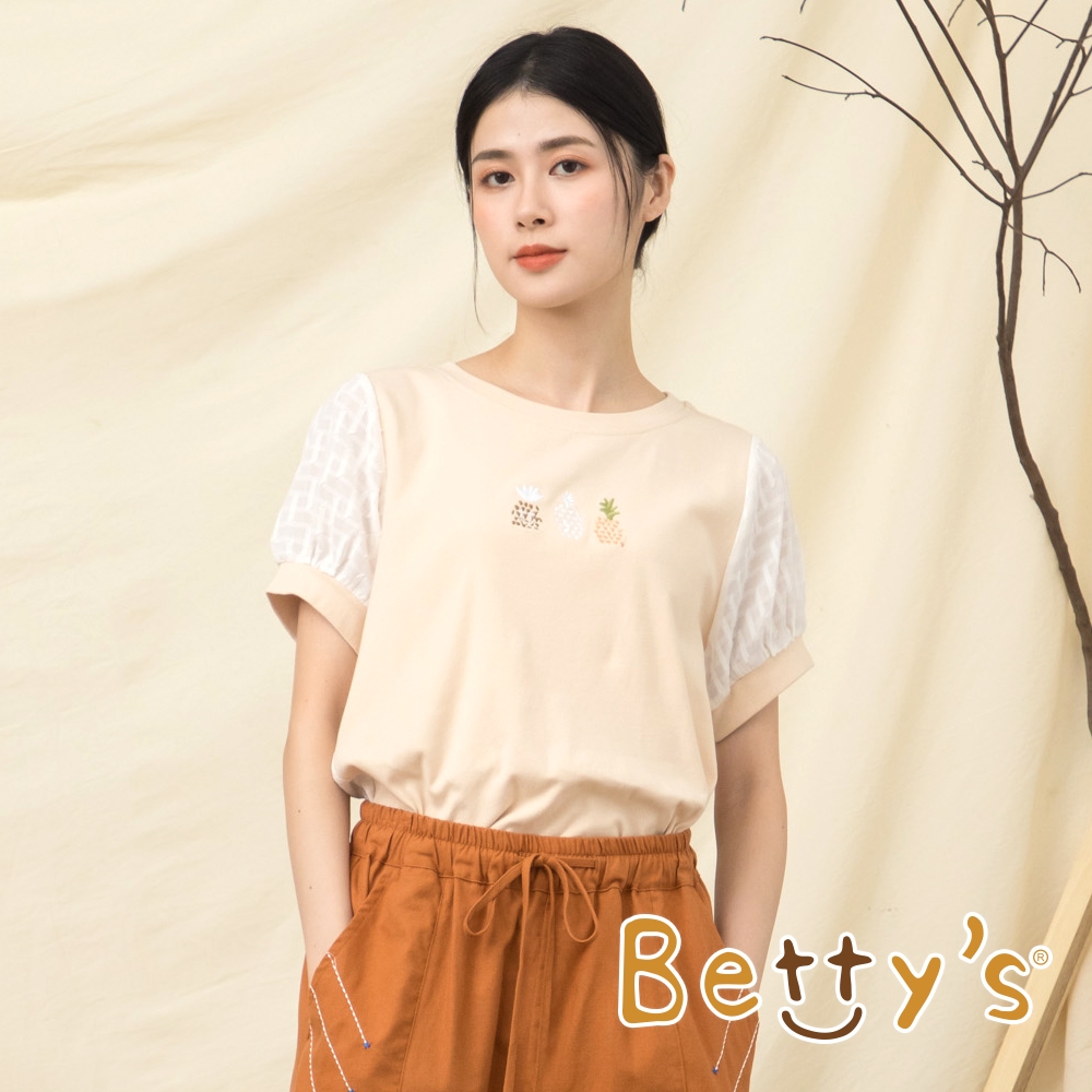 betty’s貝蒂思　鳳梨繡花格子布拼接T-shirt(卡其)