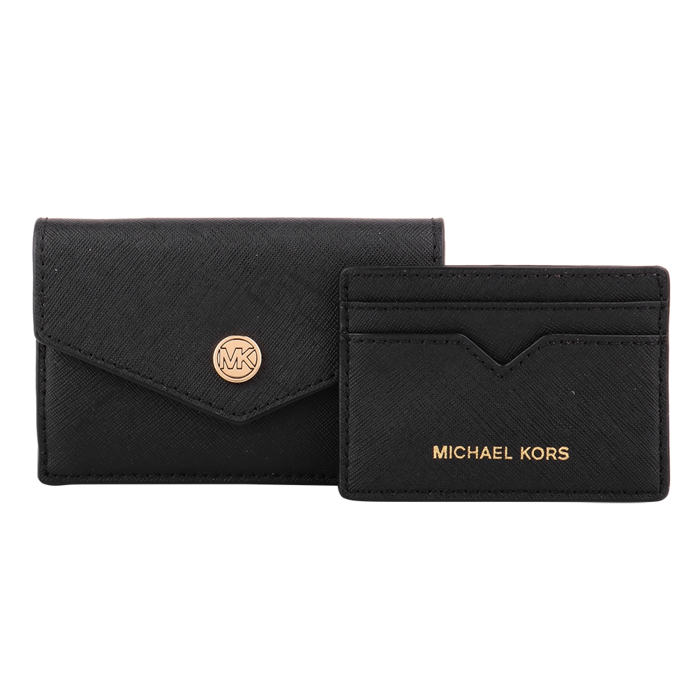 MICHAEL KORS 金釦MK素面防刮皮革/附卡夾零錢包(黑色)