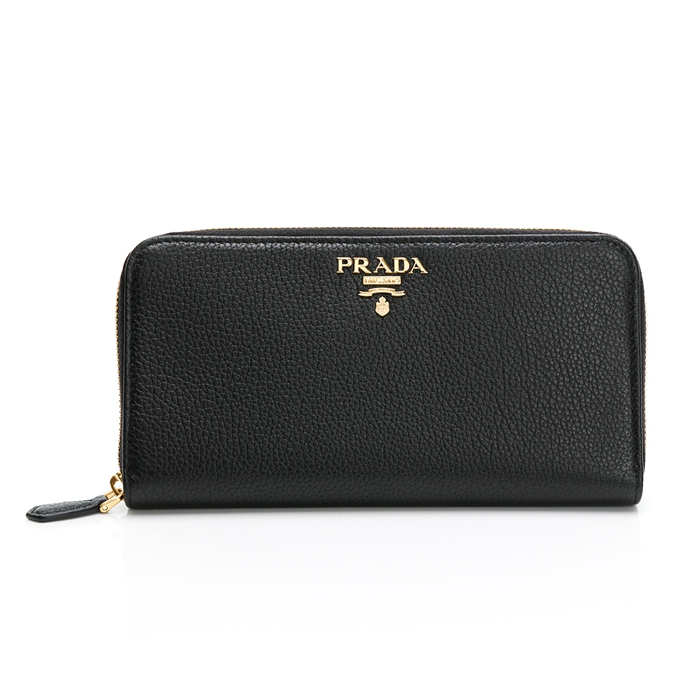 PRADA 金字LOGO 荔枝紋 拉鍊長夾 (黑色/裸色)