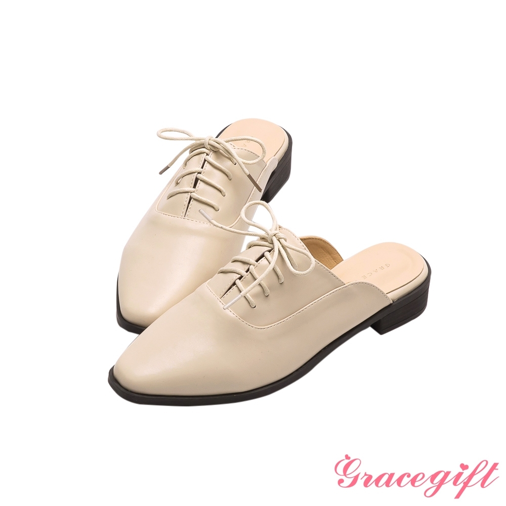 Grace gift-牛津綁帶低跟穆勒鞋 米白 product image 1
