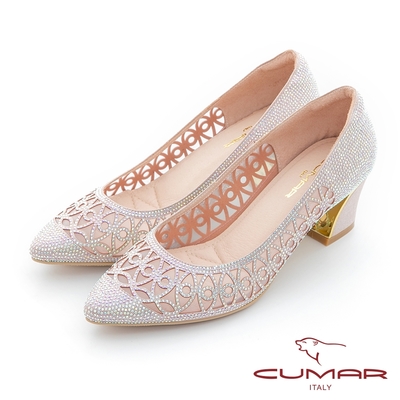 【CUMAR】水鑽鏤空金屬粗跟鞋-粉紅