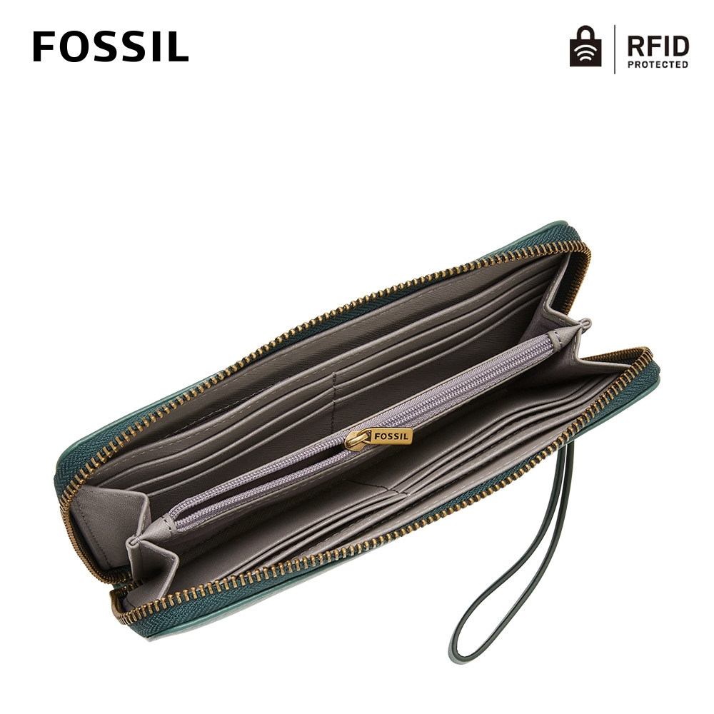 FOSSIL Jori 真皮手環帶拉鍊式RFID防盜長夾-冷杉綠色SWL2728297 | 長夾