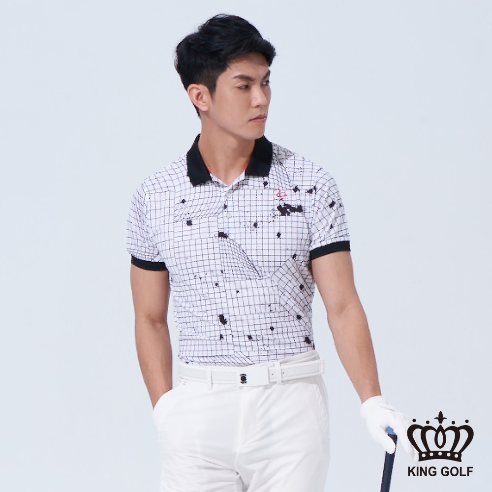 【KING GOLF】男款幾何格線特殊潑墨印花POLO衫/高爾夫球衫-黑色