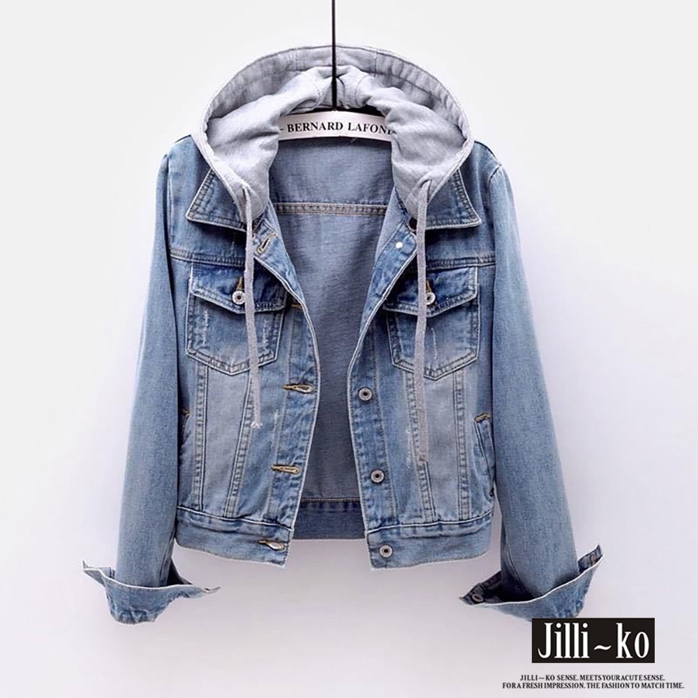 JILLI-KO 日系定番款短版衛衣連帽牛仔外套- 淺藍