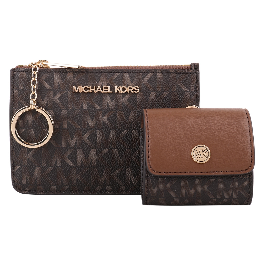 MICHAEL KORS 金字滿版MK卡夾零錢包+小零錢包禮盒 (咖)