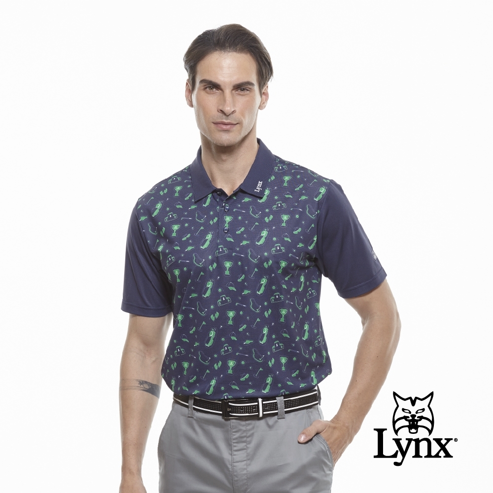 【Lynx Golf】男款冰涼舒適Mesh高爾夫印花短袖POLO衫-深藍色