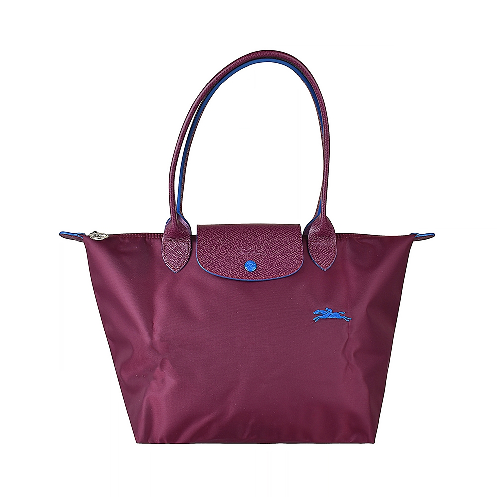 LONGCHAMP Le Pliage Club刺繡LOGO尼龍長提把肩背水餃包(小/梅紅)