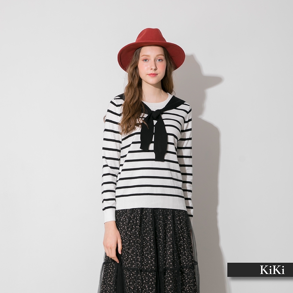 【KiKi】領結條紋-女長袖針織衫(三色/魅力商品/版型適中)