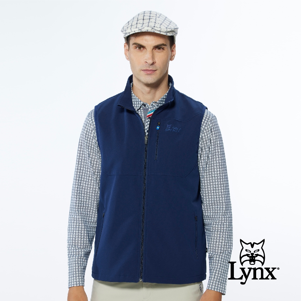 【Lynx Golf】男款防潑水功能拉鍊胸袋款夾標設計無袖背心-深藍色