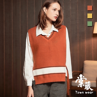 【TOWNWEAR棠葳】時尚綁帶撞色針織背心 3色(女上衣/女上著/V領/鈕釦/無袖/one size)