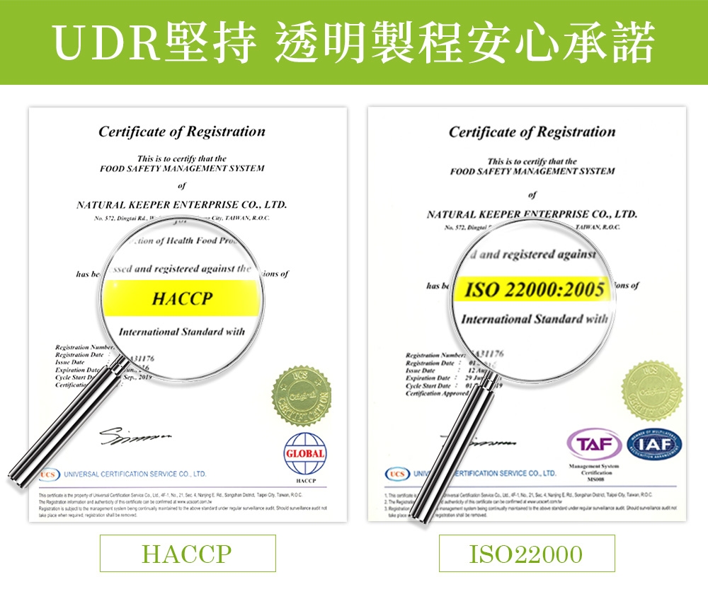 UDR堅持 透明製程安心承諾ertifice  traTh is  certify th FOOD SAFETY MANAGEMENT SYSTEMNATURAL KEEPER ENTERPRISE     R   ti  Health Food Pro ssed and registered against i of HACCPInternational Standard with  Expiration Cycle  DCertificatioSep  UNIVERSAL CERTIFICATION SERVICE CO LTDCertificate of RegistrationThis is  certify that theFOOD SAFETY MANAGEMENT SYSTEMofNATURAL KEEPER ENTERPRISE CO LTDTAIWAN   d and registered against  ISO 2002005 ons ofInternational Standard withRegistration Numr 176Registration  0 Date AExpiration Date 29 Cycle Start Date:  TAFIAFGLOBALHACCPUCS UNIVERTIFICATION SERVICE CO LTD 2 The Reg              C   of   on      to the      at     be This  is the  of   Service   1   Sec    .    , , The Registration  and  of    be  at .Registration is  to the   beng   to the      .         be HACCPISO 22000