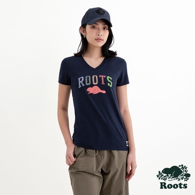Roots 女裝- COLOURFUL ROOTS修身短袖T恤-軍藍色