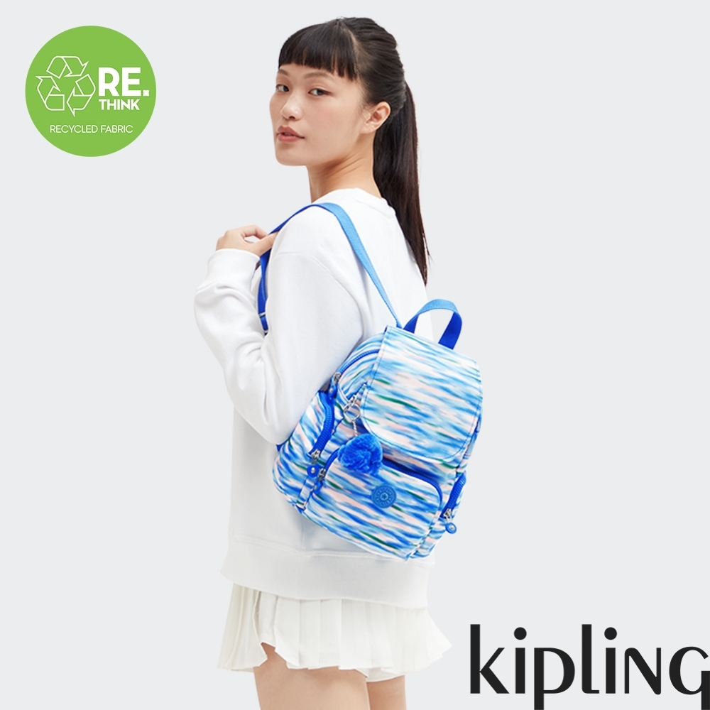 Kipling 藍粉海洋波紋印花掀蓋拉鍊後背包-CITY ZIP MINI