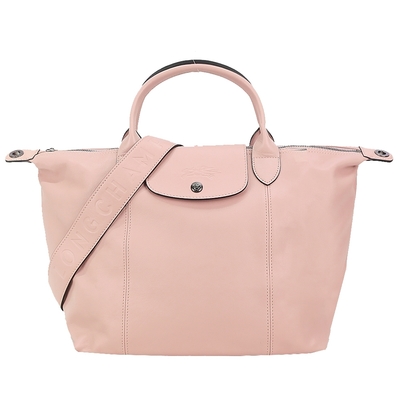 LONGCHAMP Le Pliage Cuir 小羊皮寬背帶短把折疊水餃包(中/淡粉)