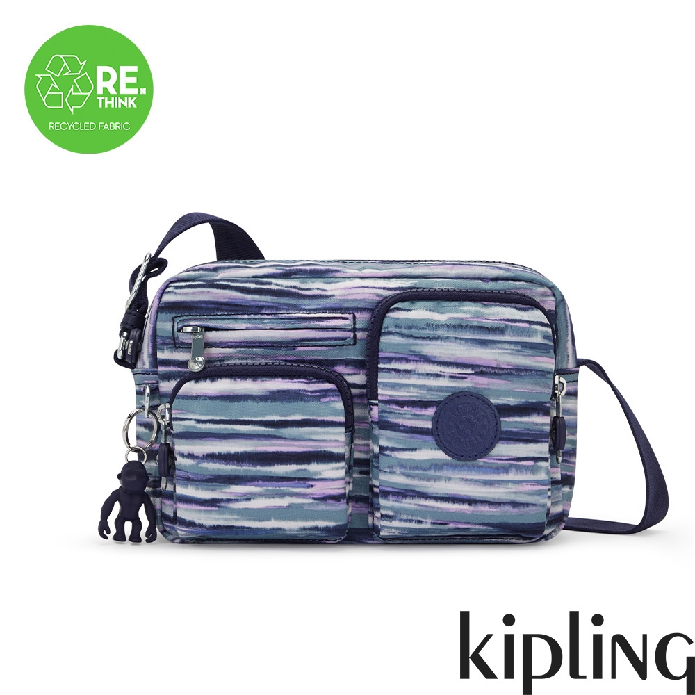 Kipling 霧藍手刷條紋實用多前袋側肩包-ALBENA