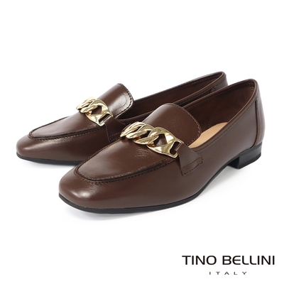 Tino Bellini 義大利進口金屬鍊飾牛皮平底樂福鞋-咖啡