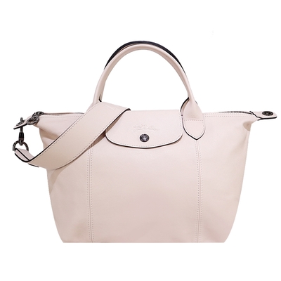 LONGCHAMP Le Pliage Cuir 系列小羊皮寬背帶短把折疊水餃包(小/櫻花粉)