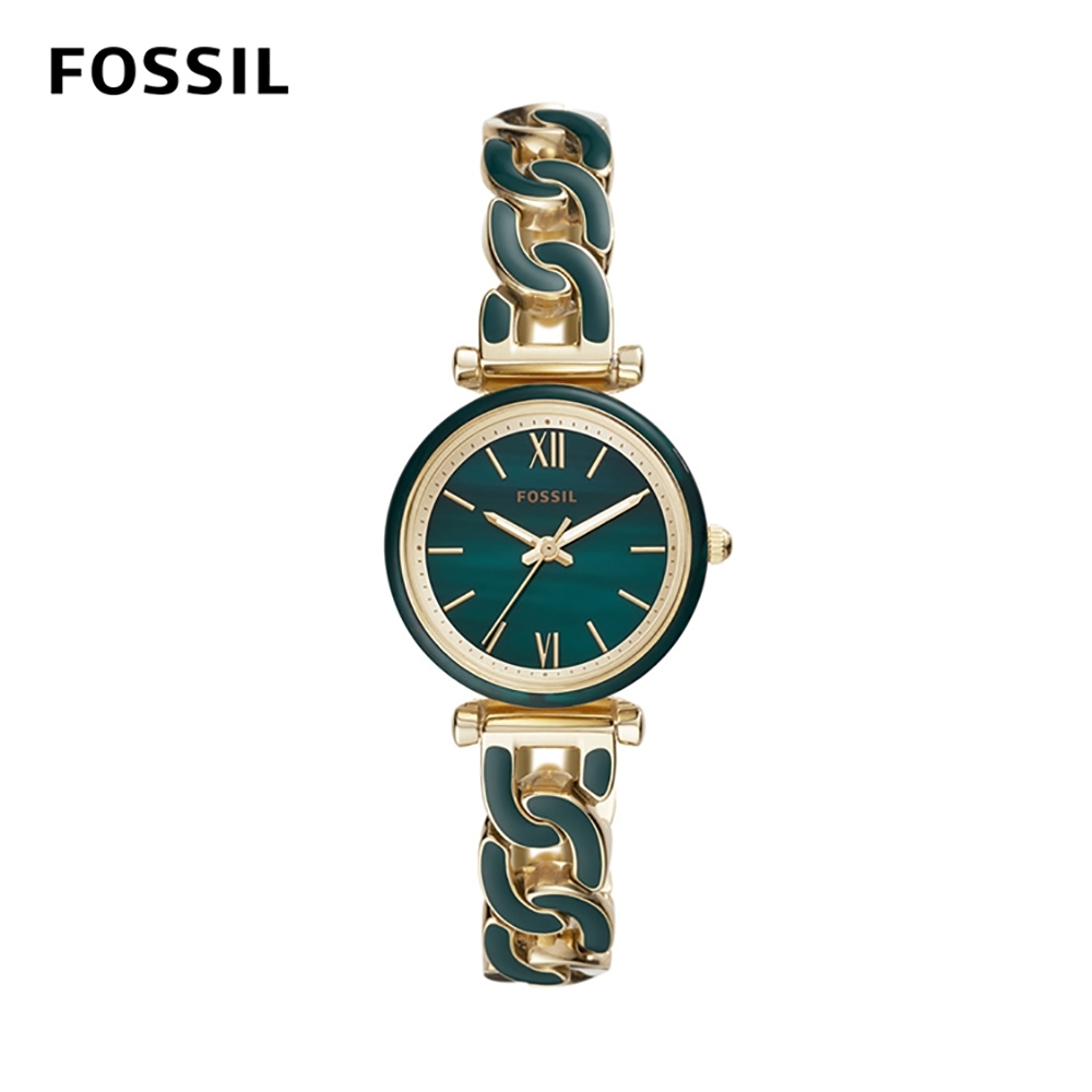 FOSSIL CARLIE MINI 小卡莉經典交織不鏽鋼女錶- 金X綠色28MM ES4674